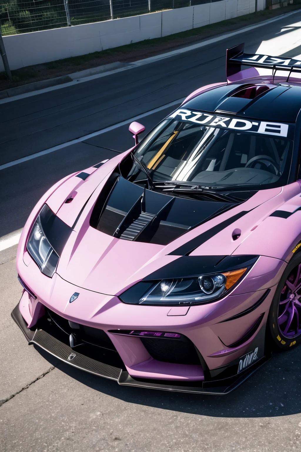 Create a racing car, pink purple black with some silver details