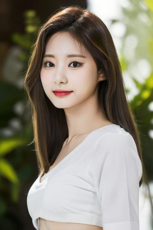 Tzuyu, Pretty face, little smirk, large breasts, cleavage, shorts, crop top