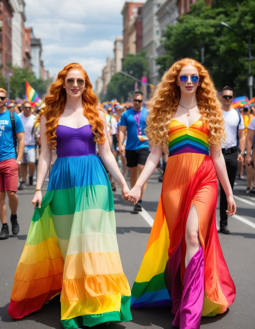 2 very attractive 25 year old girls, 1 long very curly ginger hair, 1 long straight platinum blonde hair, wearing rainbow dresses, attending pride march, very realistic, photo quality