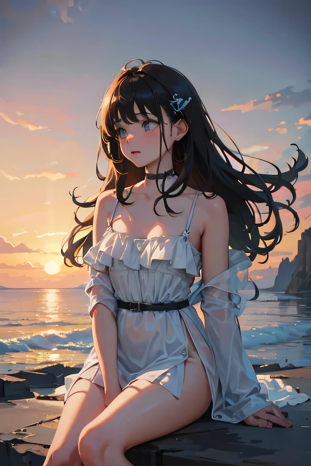 (masterpiece, Highest quality: 1.2), Super detailed, Cinema Lighting, High resolution, figure, landscape, One girl, (Soft colors), Post-apocalyptic beach, night, Desolate atmosphere, Girl sitting on the sand, Vegetation Covered, (Cloudy), Waves crashing on the shore, (Depressing but hopeful), A moment of quiet rest, (Detailed Texture), Windblown Hair, nightは曇り