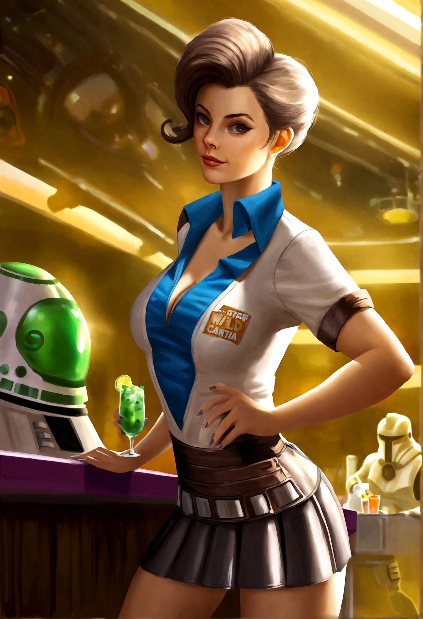 A cute woman in a sci fi waitress outfit (deep neckline, mini skirt, safe for work) is working at a Star Wars cantina serving drinks to wild and rowdy aliens.
