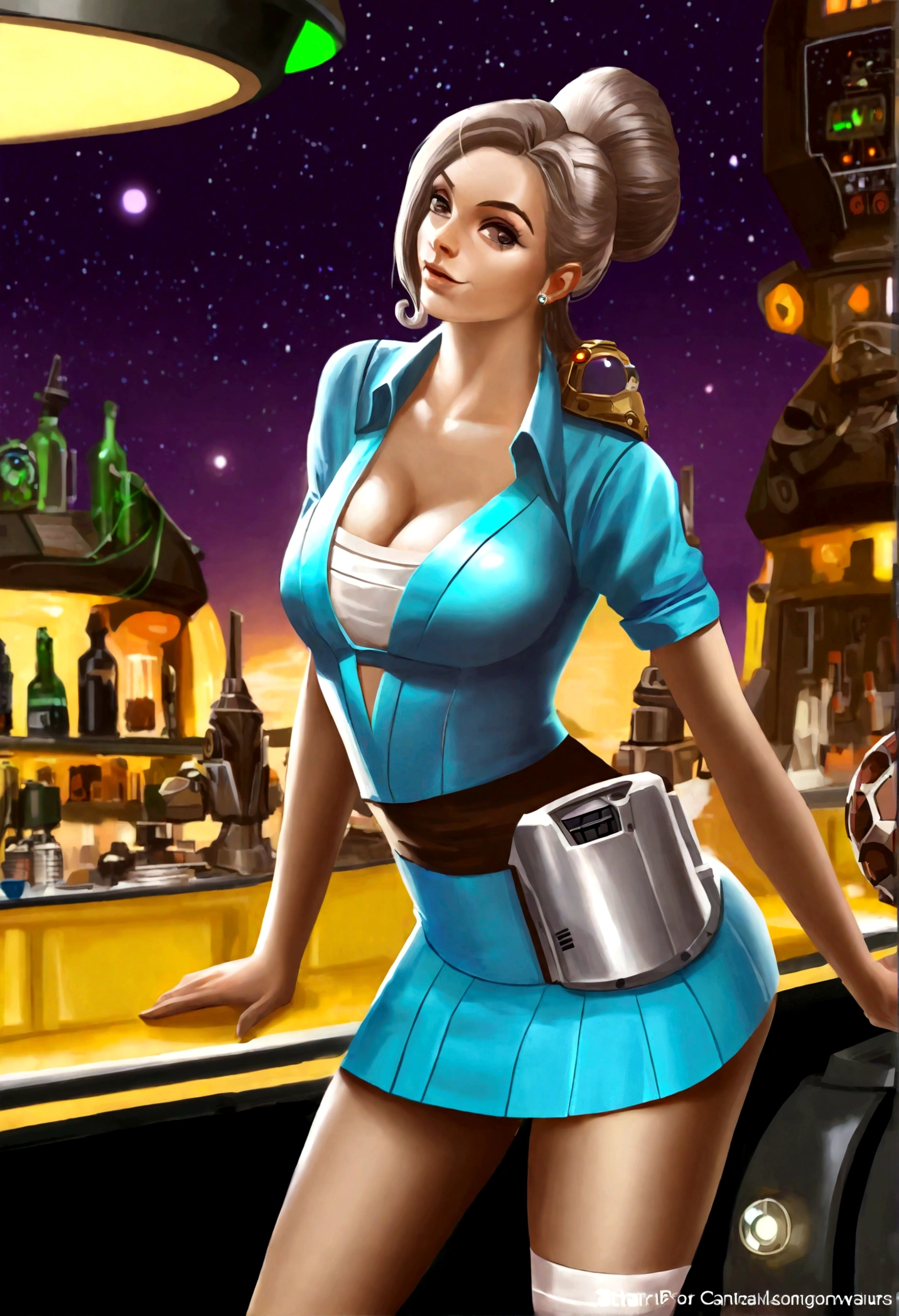 A cute woman in a sci fi waitress outfit (deep neckline, mini skirt, safe for work) is working at a Star Wars cantina serving drinks to wild and rowdy aliens.
