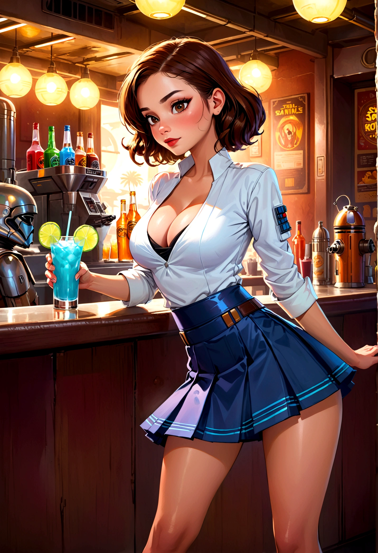 A cute woman in a sci fi waitress outfit (deep neckline, mini skirt, safe for work) is working at a Star Wars cantina serving drinks to wild and rowdy aliens.