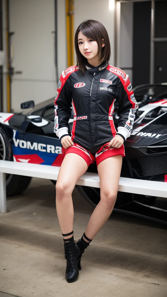 girl 18-year-old Hairstyle Casual, wearing racing suit in pit room