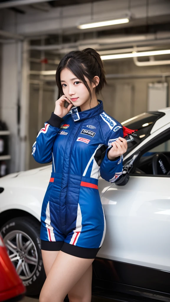 girl 18-year-old Hairstyle Casual, wearing racing suit in pit room
