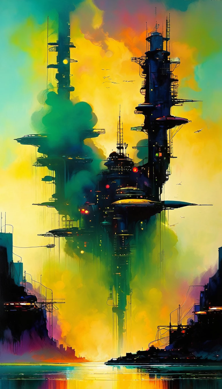 futuristic world, polluted world, robotic world, polluted water, polluted sky colors, industry, pollution, large landscape,,(art inspired by Bill Sienkiewicz ). oil painting)