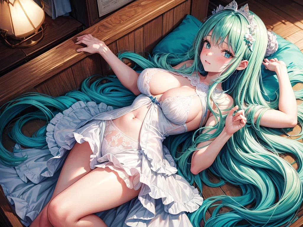 jeune fille en jolie culotte en dentelle, on voit les formes de son sexe se dessiner sous sa culotte, elle est rousse, elle a les cheveux long avec plusieurs tresses, avec les yeux vert et quelques tache de rousseur sur les pomettes, elle est très fine, sa poitrine est très fine, elle a de jolies hanches et les épaules nues, elle pose de manière sur d'elle, le dos bien cambré, elle est allongée sur un lit, dans une jolie chambre de fille bien éclairée.