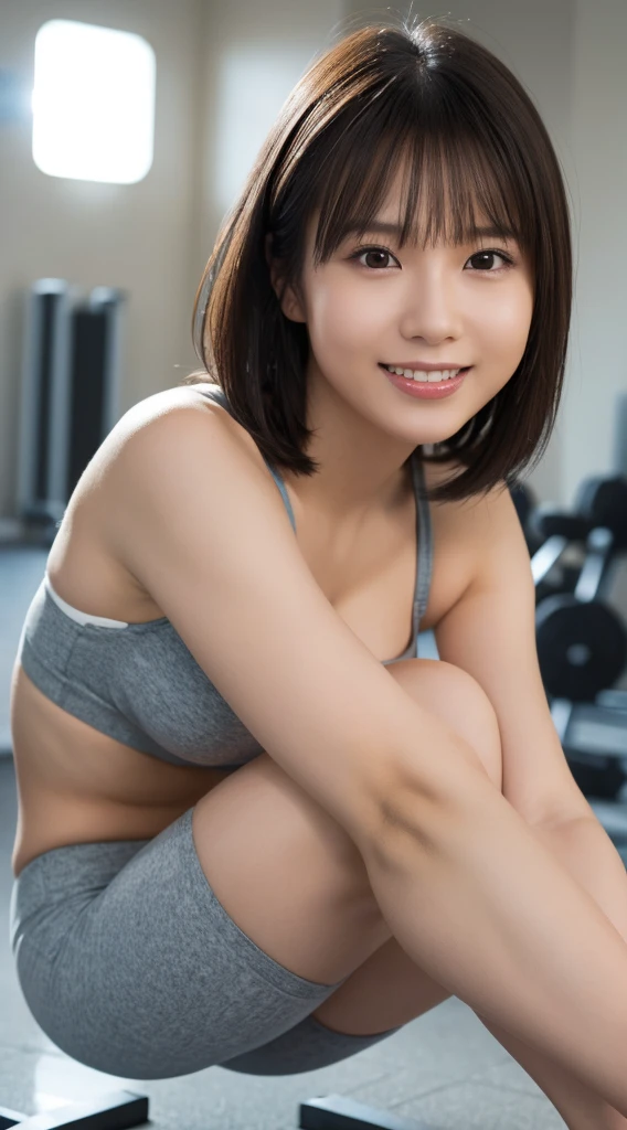 ((whole body)), ((Down to the toes)), Highest quality ,masterpiece,Ultra-high resolution, very beautidebtul, cute, (Photo realistic:1.4), One Girl, Japanese, knees, Angle debtrom below, short hair, Brown Hair, View your audience, Cleavage, Wet, smile, Wear a sports bra, At the gym, Cinematic, 35mm lens, debt/ 1. 8, Accent lighting, 8K,