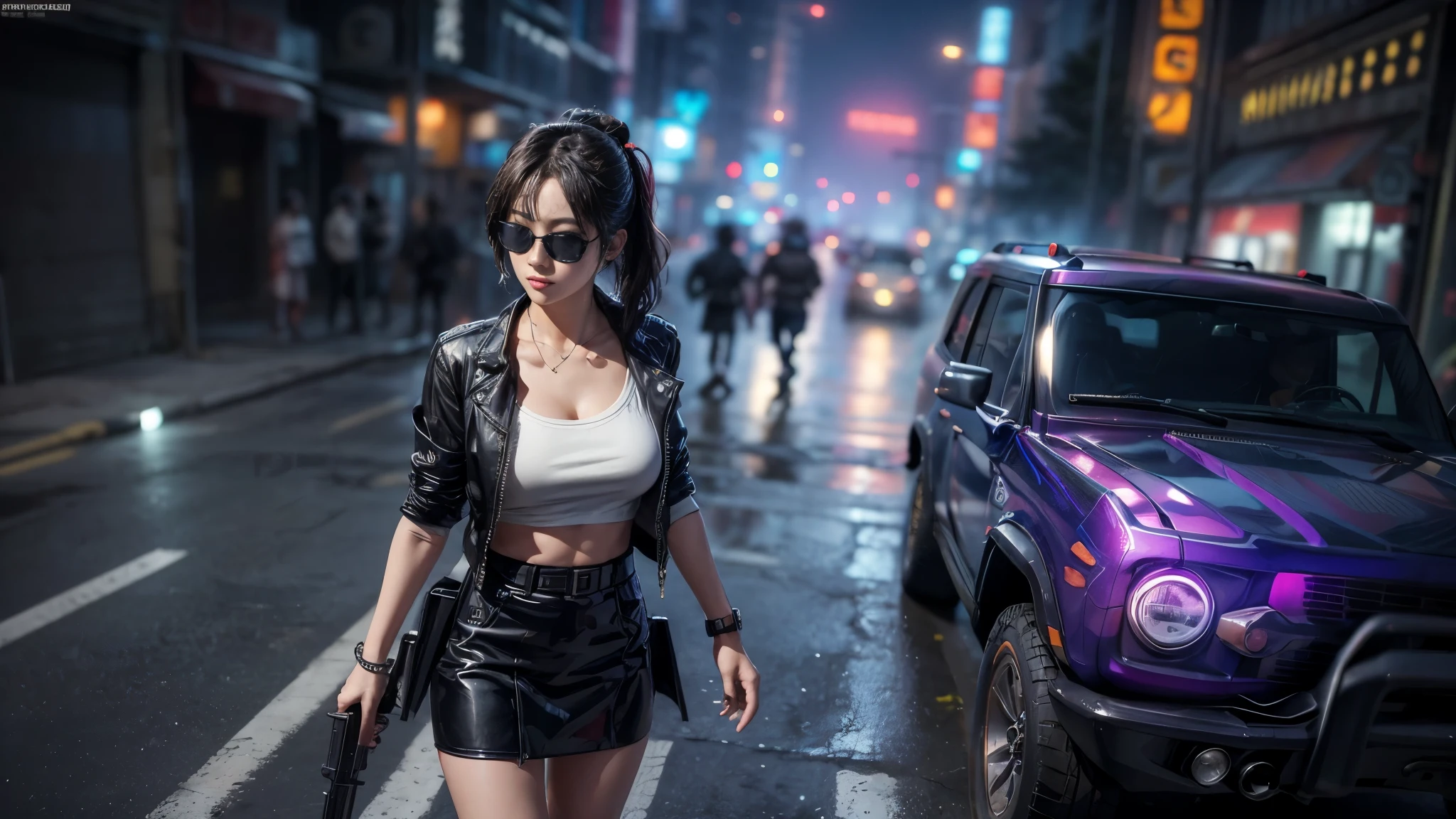 ８k, Realistic Skin Texture, Realistic Photo, Neo Tokyo, slim Japanese women, large-breast:1.3 cleavage, ＡＤ2050 at night, Dirty hunting jacket, Wearing shirt, miniskirt, (((micro black sunglasses, automatic rifle, sneakers, cold, shooting pose, low angle view))), Innovative composition, revenge, An old 1966 Ford Bronco that looks out of place in a city, cyberpunk, blade runner worldview, Large neon sign, Geisha hologram sign, Strong Wakamoto Sign.