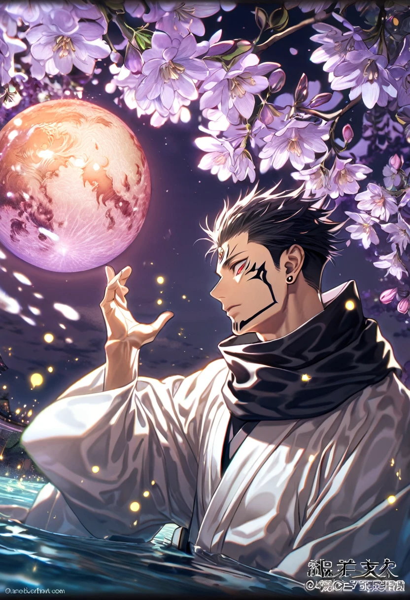 absurdres, highres, ultra detailed, HDR, masterpiece, best quality, Ryomen Sukuna, black hair, expressive red eyes, Jujutsu Kaisen, solo, sexy man, handsome, black scarf, white kimono, water, purple moon, purple blossoms, purple flowers, fantasy, fireflies, magical