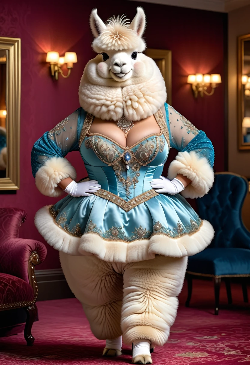 photorealistic portrait of Dressed animals-a ((fat)) ((angora alpaca)) dancer,(furry:1.5), (elegant pose:1.5), (hands on hips:1.5),(smile:1.5),high quality,(happy),(lovely) ,intricate details, Wearing bustier, (), highly detailed ((bustier)) ,highly detailed decorations of clothes, Fishnet panty horse , (happy), soft lighting,(full body image:2.0),luxury hotel room background,(high heels),