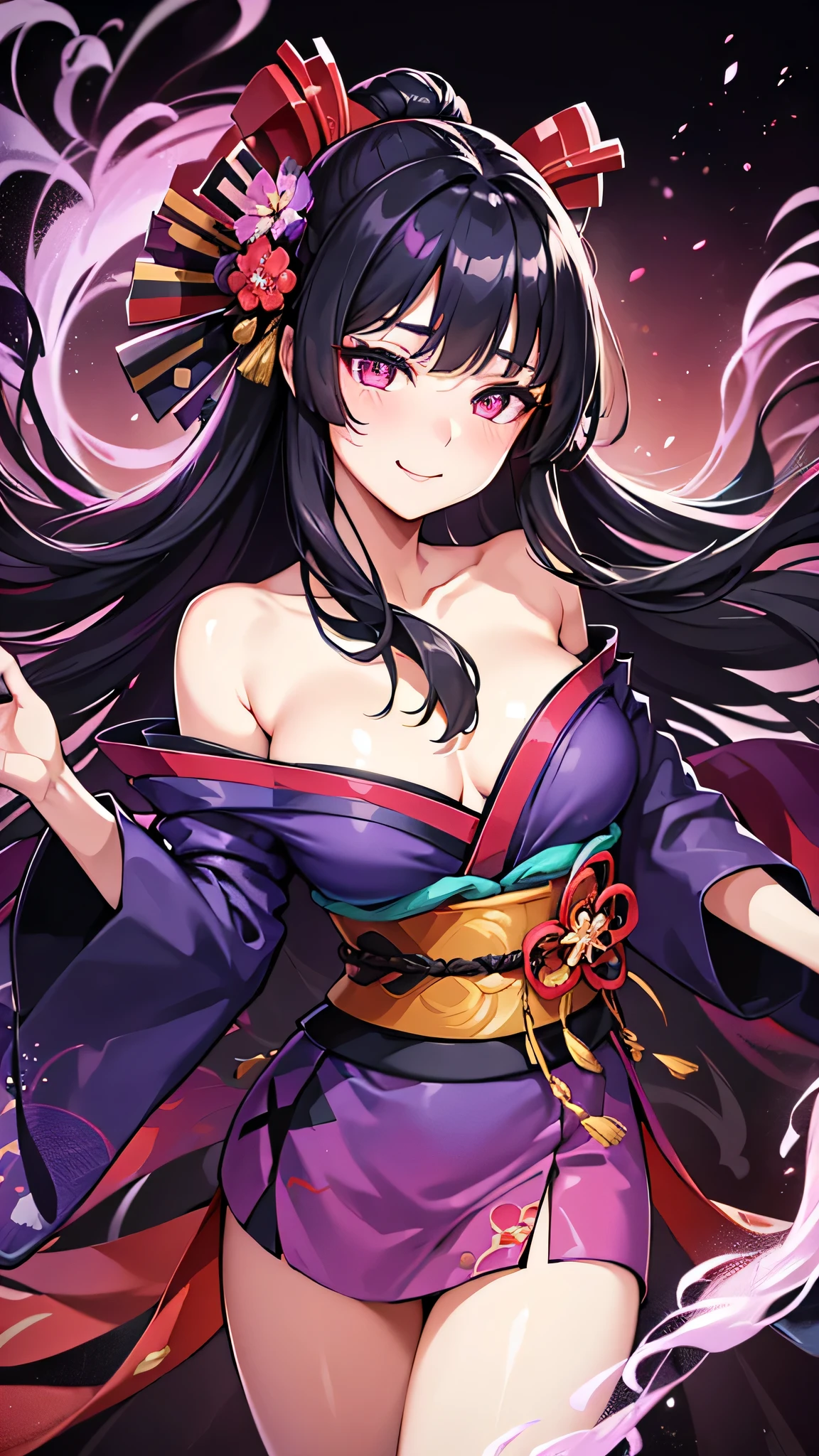 A beautiful girl in a japanese kimono, dark long hair, amethyst sparkling eyes, smiling, behind her a vast army of diverse yokai spirits, powerful commanding presence, shrouded in smoke, bokeh effect, masterpiece, best quality, 8k, ultra-detailed, highly realistic, professional photography, vivid colors, cinematic lighting