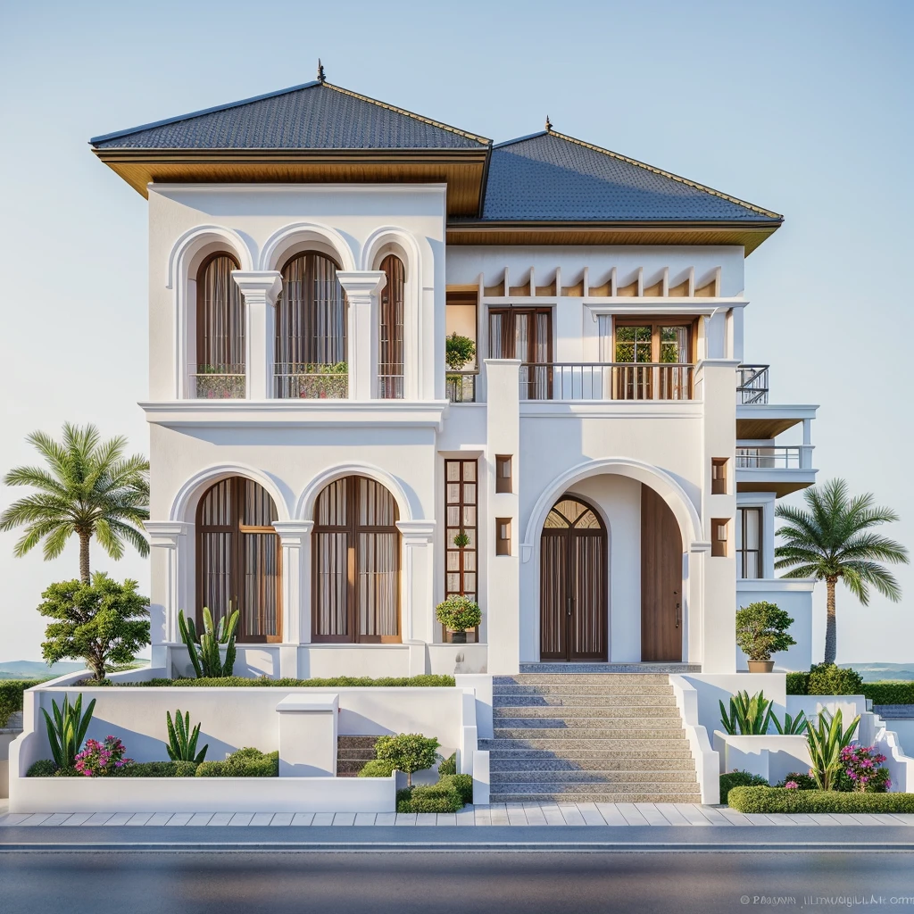 PLATEFORME KTHOUSE, Beaucoup de belles fleurs rouges le long de la route:1.3, romantique, 1 maison de style néoclassique, La maison de ville est faite de murs blancs, belle lumière, journée de beauté, ensoleillé, Beaucoup de bougainvilliers rouges le long de la route:1.3, belle sensation de jeunesse :1.2, soleil à midi, Très belles ombres,