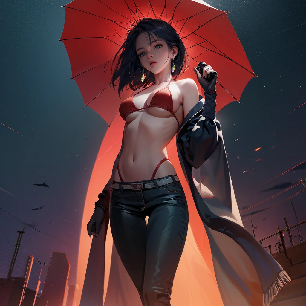 by Wlop,(Masterpiece),(Highest quality:1.4), (Highest Detailed:1.3), (8k very detailed CG unit wallpaper), (masutepiece), Full body shot, photo of the whole motorcycle, Cute young woman in Japan, Ride an old traditional shiny metallic silver motorcycle at the wharf, glamorous shape, shoulder length shiny smooth light brown hair, Wearing a leather black riding jacket, Glossy satin red bikini under riding jacket, Leather Black Riding Gloves, Leather Black Pants, Leather Black High Heel Long Boots, staring at night view over the sea, absolutely pretty face, Double eyelids, Natural makeup, long eyelashes, Glossy lips, 8K resolution, high details, detailed hairstyle, Detailed face, Black eyes, elegent, epicd, Cinematic lighting, Octane Rendering, Vibrant, Hyper realistic, Fair skin, Perfect limbs, Perfect Anatomy, (Rendered in ultra-high definition, (UHD) resolution 8K:1.4), perfect beautiful body