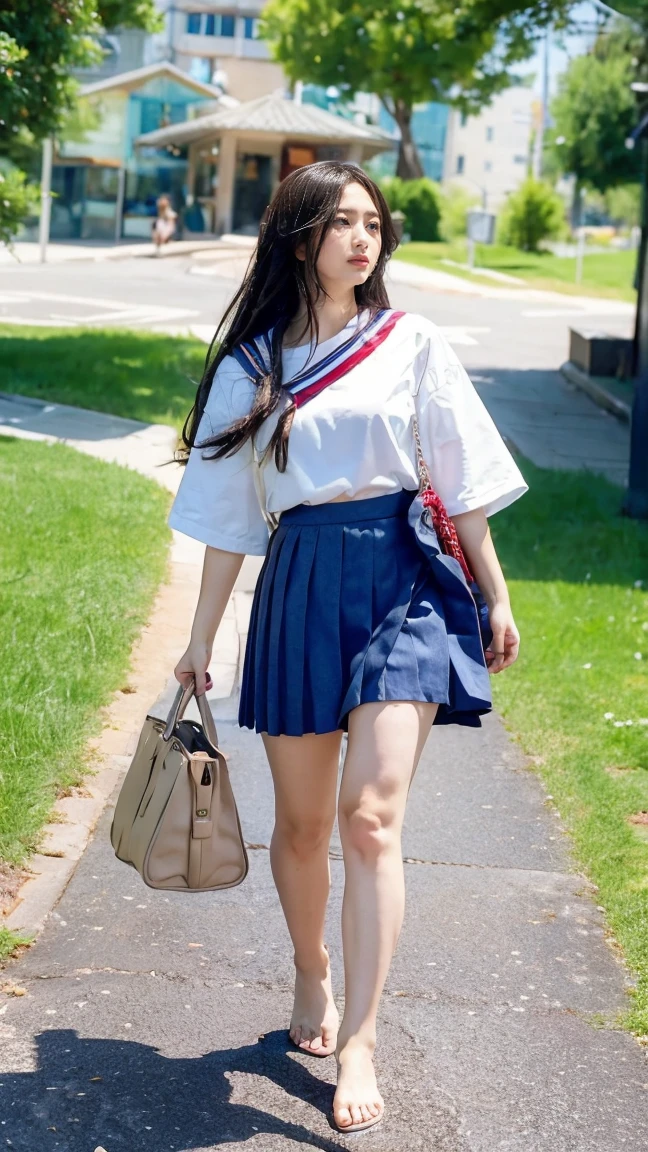 ((Viewing angle from below、Highest quality、masterpiece、32k、Every detail))、Descend the outdoor stairs、commute、Systemic manifestations、Traditional navy blue sailor uniform、White blouse、Pleated skirt、(((A strong wind blows my hair and skirt away:1.62)))、((I always carry the shoulder strap of my bag across my body..:1.22))、One Girl, alone、(((mini skirt, No underwear:1.22)))、Big Breasts、barefoot, High heels