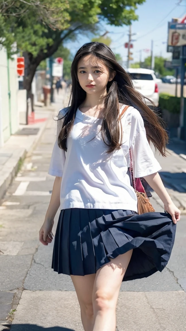 ((Viewing angle from below、Highest quality、masterpiece、32k、Every detail))、Descend the outdoor stairs、commute、Systemic manifestations、Traditional navy blue sailor uniform、White blouse、Pleated skirt、(((A strong wind blows my hair and skirt away:1.62)))、((I always carry the shoulder strap of my bag across my body..:1.22))、One Girl, alone、(((mini skirt, No underwear:1.22)))、Big Breasts、barefoot, High heels