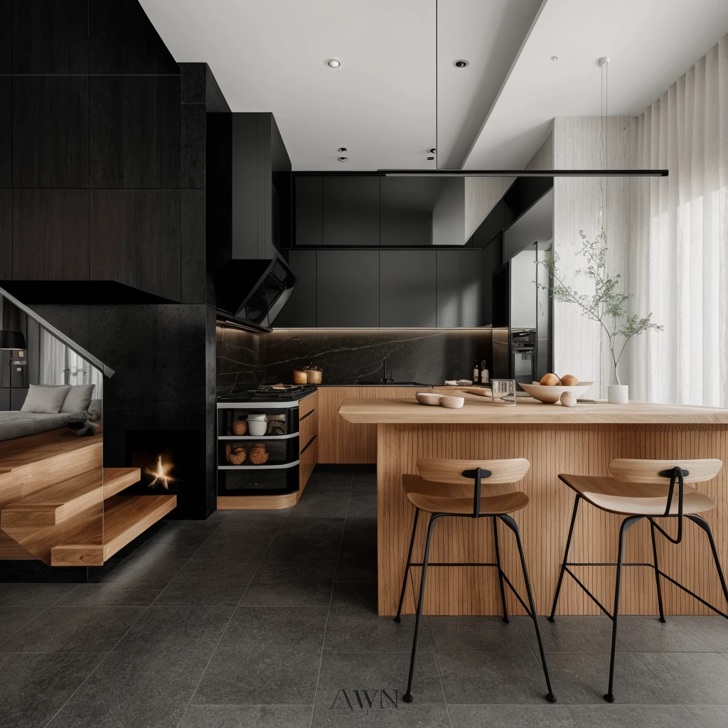 RAW photo, 8k uhd, dslr, soft lighting, high quality, film grain, Fujifilm XT3, interior of kitchen, modern style, black wood, black tile, sofa, table, chair, stair, tree, daylight,