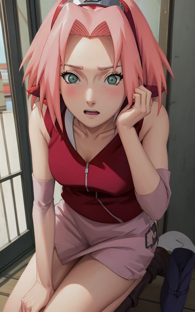 Naruto_sakura_combat_propiowaifu, render 1 girl, Sakura Haruno, short hair, pink hair, green eyes, hair intakes, clavicle, forehead protector, sale, red hair band, symbol of konohagakure,
pierna saleda, Coders, 
((Masterpiece)),((Best Quality)),(high resolution, absurdities), Original, inside, looking at the viewer, Alone, ((naked)), vagina, small breasts, masturbandose, masturbacion, legs apart, 