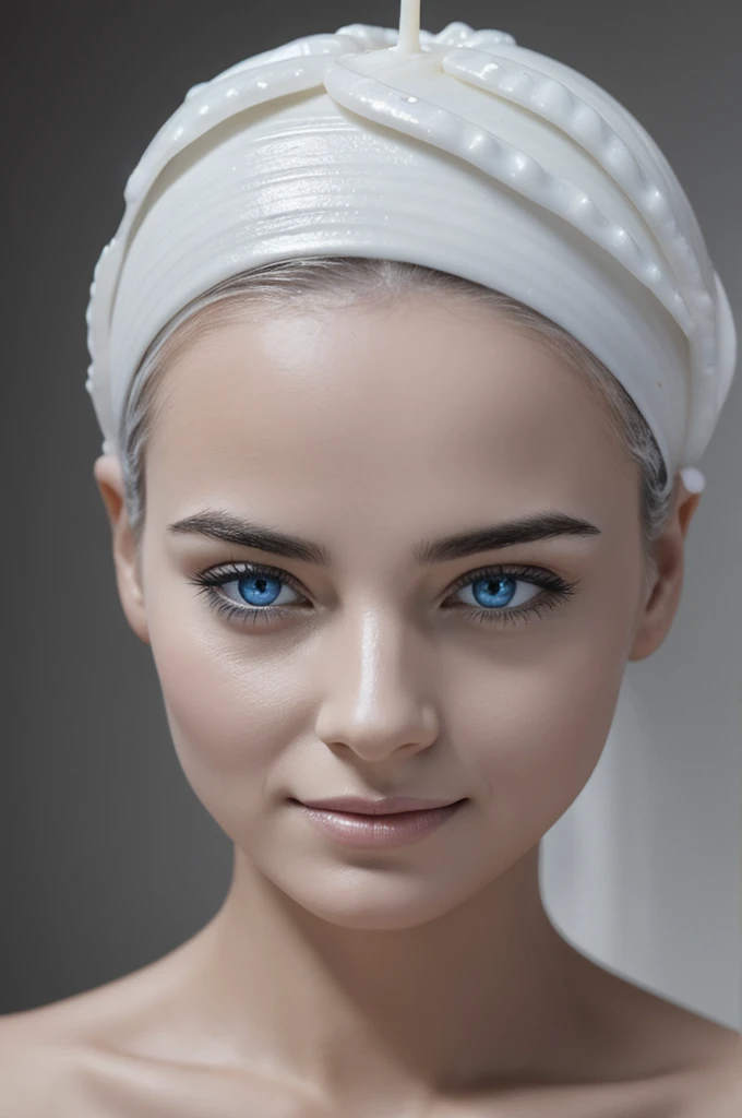 Prompt: Create hyperdetailed photorealistic black and white pencil sketch of a woman made entirely of white wax and shaped like a candle with a wick on the top of her head. The wax is slowly melting, it is a thin shell covering the face of the woman, similar to an eggshell. As it melts away, it reveals the face of an actual woman underneath. Her eyes are open and blue. Her face has a pinkish hue. The flame is yellow. Her lips are red and she has a slight smile.