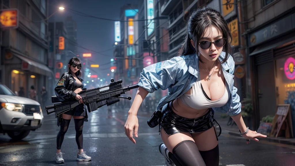 8k, Realistic Skin Texture, Realistic Photo, Neo Tokyo, slim Japanese women, large-breast:1.3 cleavage, AD2050 at night, Dirty hunting jacket, Wearing shirt, miniskirt, (((micro black sunglasses, automatic rifle, sneakers, cold, shooting pose, low angle view))), Innovative composition, revenge, An old 1966 Ford Bronco that looks out of place in a city, cyberpunk, blade runner worldview, Large neon sign, Geisha hologram sign, Strong Wakamoto Sign.