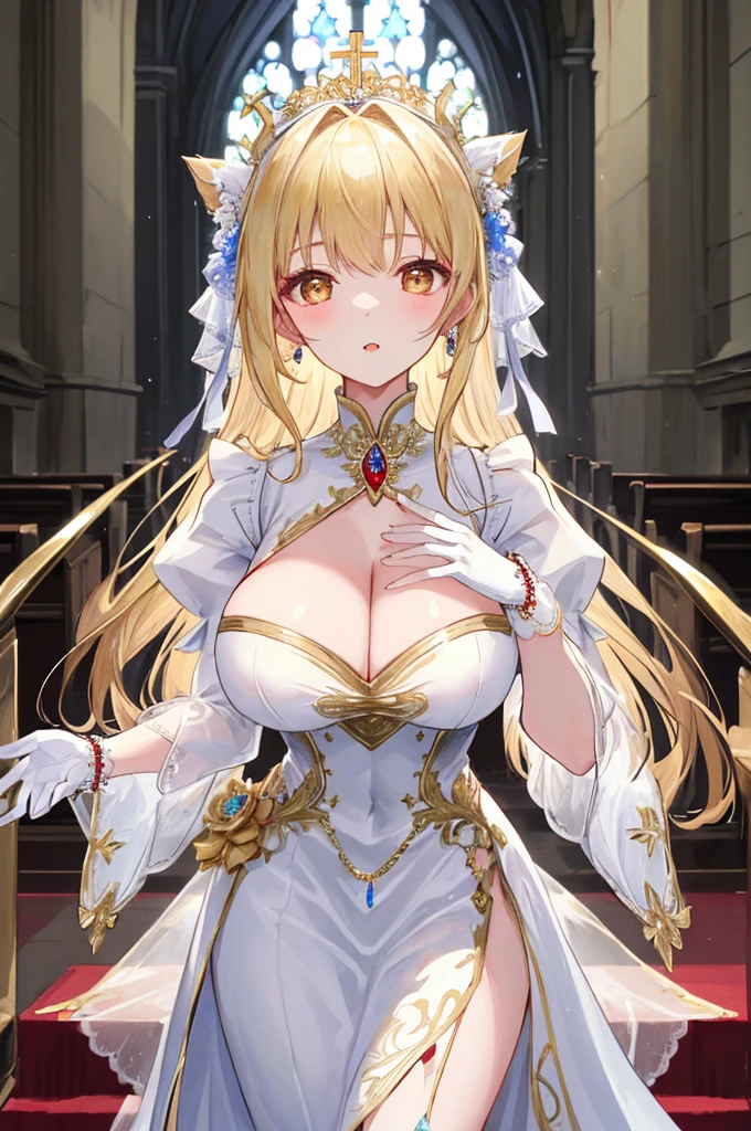 masterpiece,8K,A woman with big tits,Gorgeous woman,transparent,Long blond hair,big hair,((hime cut)),Gorgeous jewelry,Crystal Hair Accessories,Cleavage,pubic,In front of the altar of the majestic church、(Blurred background)、Brighter light,(Elegant gloss)、Hollow dress,Lots of ribbons、((Puffy sleeves))、Long cuffs,Multi-button、Gold embroidery、Long trains、White embroidered gloves、Five fingers、red cheeks,