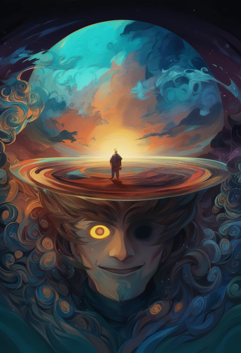 painting of a man with a surreal face and a surreal landscape, psychedelic surreal art, cyril rolando and m. w kaluta, cyril rolando and m.w kaluta, beautiful art uhd 4 k, epic surrealism 8k oil painting, 4k highly detailed digital art, by Cyril Rolando, visionary art style, inspired by Cyril Rolando, consciousness projection