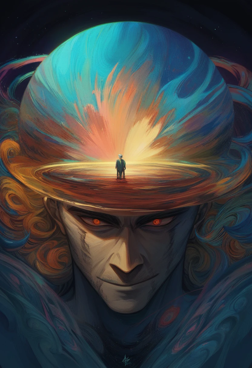 painting of a man with a surreal face and a surreal landscape, psychedelic surreal art, cyril rolando and m. w kaluta, cyril rolando and m.w kaluta, beautiful art uhd 4 k, epic surrealism 8k oil painting, 4k highly detailed digital art, by Cyril Rolando, visionary art style, inspired by Cyril Rolando, consciousness projection