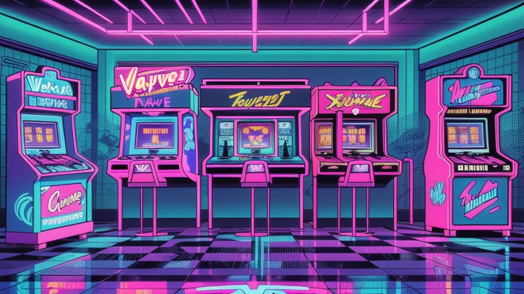 realistic, Canon EOS Mark IV, Synthwave punk style, steam style, Synthwave, Color Vaporwave, Nwinkpunk, Wave art style, checkered floor, In the building, neon lights, no human, neon arcade 1980 vaporwave scene, In the building, Loud speakers on the ceiling, Casino feel, multi line arcade machine, express, Lively, neon, Retro Photography, 1980,  Checkerboard pattern tile floor, Highly detailed, 8K, Outrun, electrical wire, extra sharp, very detailed, Masterpiece, official art