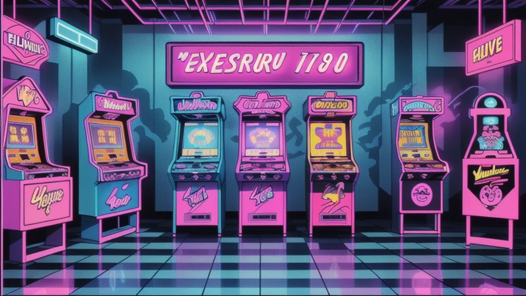 realistic, Canon EOS Mark IV, Synthwave punk style, steam style, Synthwave, Color Vaporwave, Nwinkpunk, Wave art style, checkered floor, In the building, neon lights, no human, neon arcade 1980 vaporwave scene, In the building, Loud speakers on the ceiling, Casino feel, multi line arcade machine, express, Lively, neon, Retro Photography, 1980, Checkerboard pattern tile floor, Highly detailed, 8K, Outrun, electrical wire, extra sharp, very detailed, Masterpiece, official art