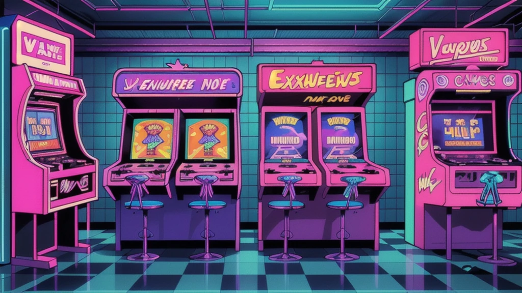 realistic, Canon EOS Mark IV, Synthwave punk style, steam style, Synthwave, Color Vaporwave, Nwinkpunk, Wave art style, checkered floor, In the building, neon lights, no human, neon arcade 1980 vaporwave scene, In the building, Loud speakers on the ceiling, Casino feel, multi line arcade machine, express, Lively, neon, Retro Photography, 1980,  Checkerboard pattern tile floor, Highly detailed, 8K, Outrun, electrical wire, extra sharp, very detailed, Masterpiece, official art