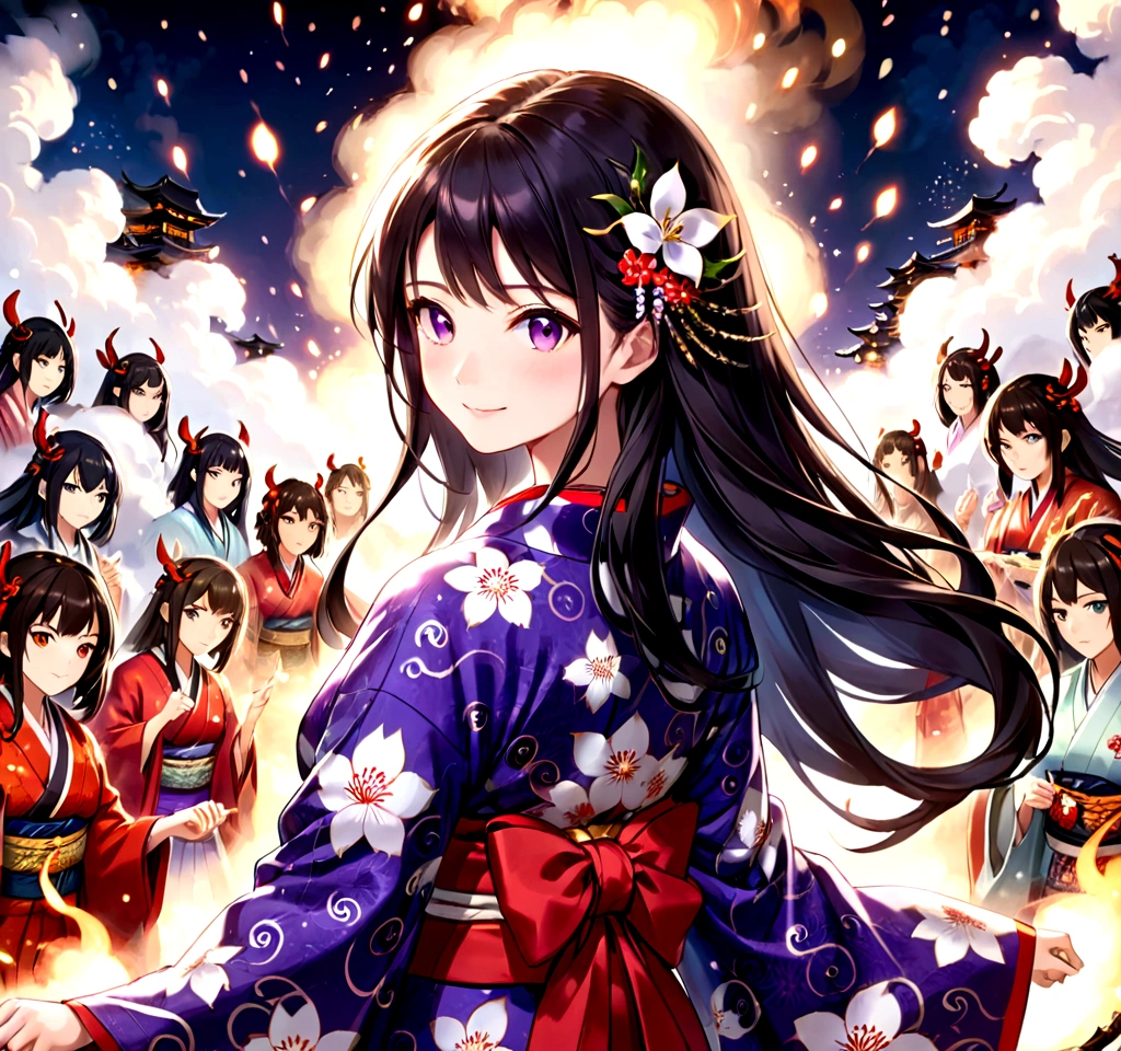 A beautiful girl in a japanese kimono, dark long hair, amethyst sparkling eyes, smiling, behind her a vast army of diverse yokai spirits, powerful commanding presence, shrouded in smoke, bokeh effect, masterpiece, best quality, 8k, ultra-detailed, highly realistic, professional photography, vivid colors, cinematic lighting