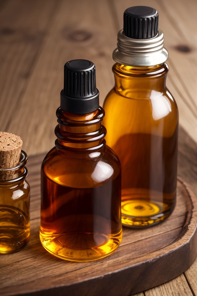 Mixed essential oils in an amber glass bottle