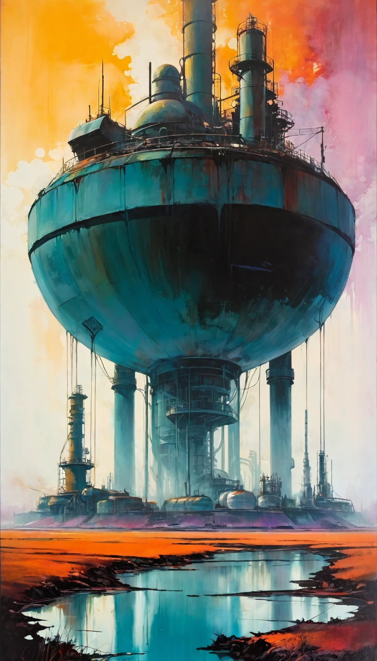 futuristic world, polluted world, robotic world, polluted water, polluted sky colors, industry, pollution, large landscape,,(art inspired by Bill Sienkiewicz ). oil painting)