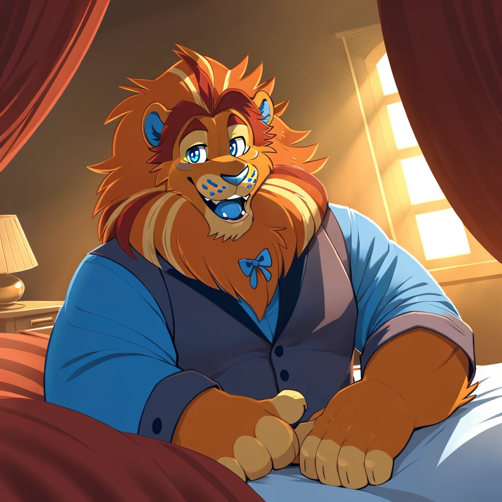 solo, male focus, lloydip, lion, blue eyes, blue nose, blue tongue, mane, vest, shirt, bow, laying, looking at viewer, smile, open mouth, teeth, detailed bedroom background, sunlight, masterpiece, intricate, ((detailed face, detailed eyes)), (by takemoto arashi, by thesecretscaves), erection, thick cock, 8k, hi res, best quality, HD, 5 fingers, full body, Ultra highest quality, bedroom, laying back on a bed, suggestive pose, expressive, erotic,