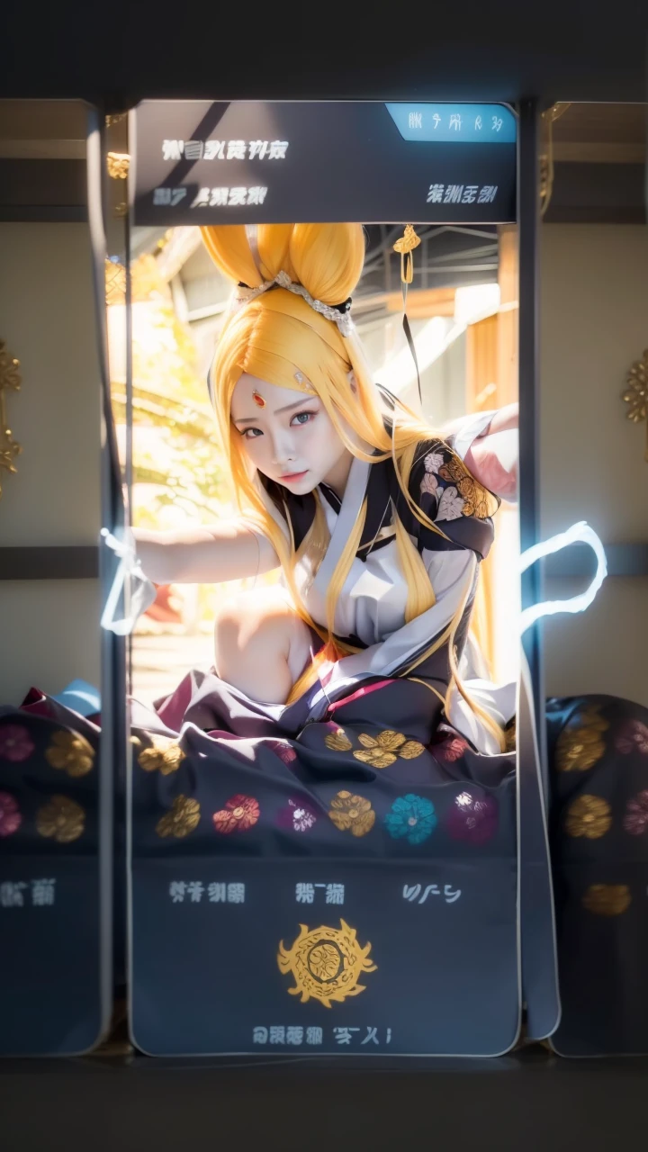 Kaguya otsutsuki. A woman was sitting in a room. She was seen wearing a black kimono. Purple. With a gold line. Yang wisdom. She looks like she has silver hair. Straight up. Unraveling. Very long. And not tied. He also has a pair of brown horns. His skin was so pale white. He looked into the camera. So pretty. Tempting. And realistic.
