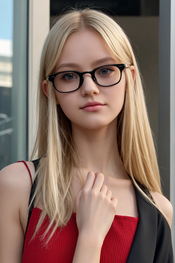 A girl with blonde hair and brown eyes with black glasses on her head and a short red and black dress 