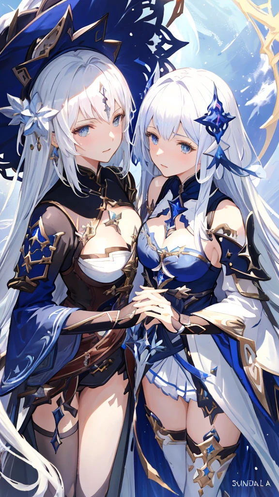 a close up of two women in costumes with swords and hats, from arknights, shadowverse style, beautiful celestial mage, artbook artwork, from bravely default ii, white haired deity, astri lohne, high detailed official artwork, lunar themed attire, granblue fantasy, marisa kirisame, detailed key anime art, cushart krenz key art feminine