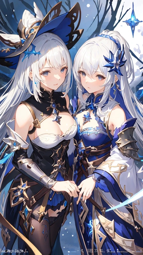 a close up of two women in costumes with swords and hats, from arknights, shadowverse style, beautiful celestial mage, artbook artwork, from bravely default ii, white haired deity, astri lohne, high detailed official artwork, lunar themed attire, granblue fantasy, marisa kirisame, detailed key anime art, cushart krenz key art feminine