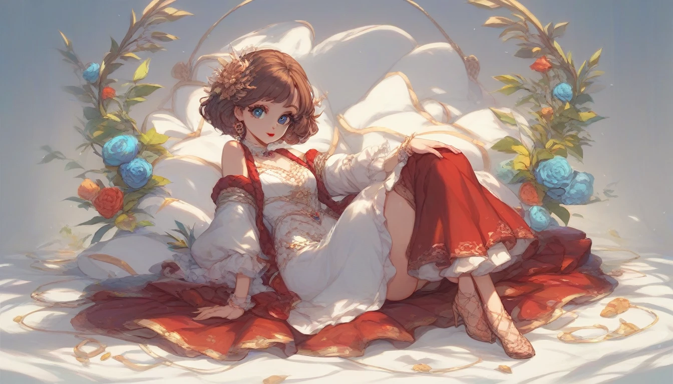 a girl,wears a  and is beautiful with short brown hair, a full body with a perspective with shining eyes  Very long eyelashes With red lipstick, nice, cute, beautiful, and fabulous. 