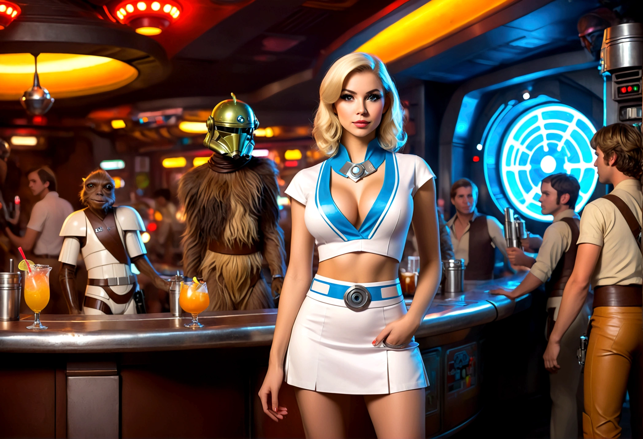 A cute woman in a sci fi waitress outfit (deep neckline, mini skirt, safe for work) is working at a Star Wars cantina serving drinks to wild and rowdy aliens.
