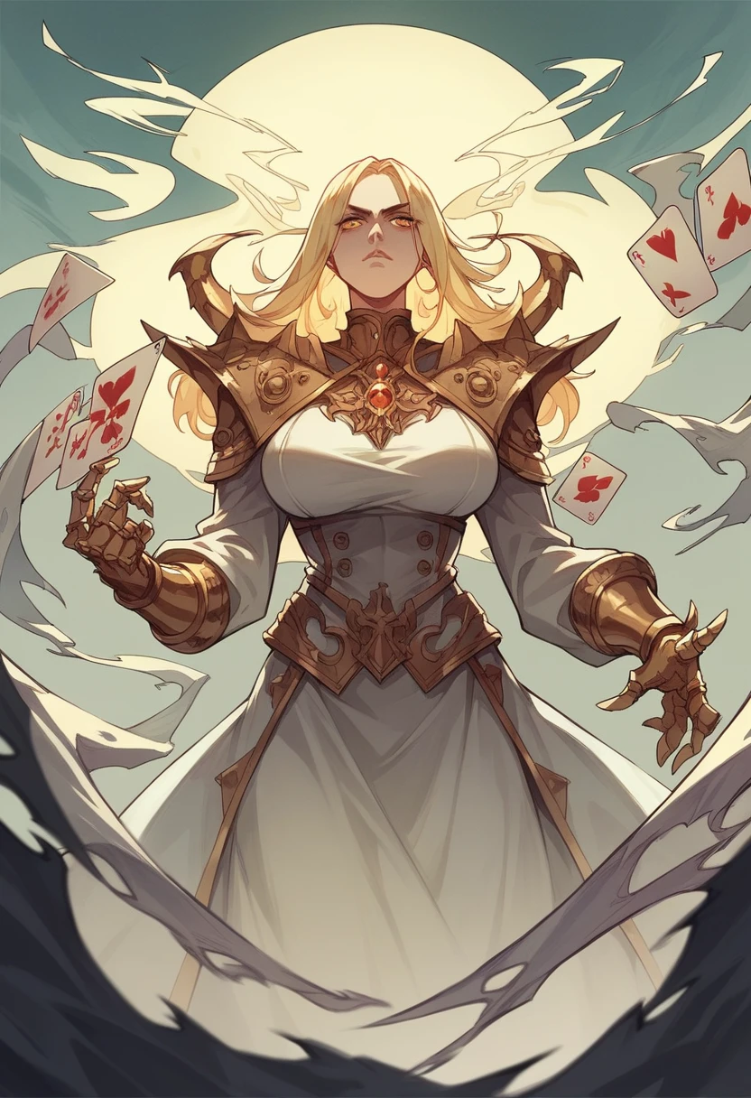 Wizard Ghost Blonde girl, of darkness, full of powers, strong and imposing, war scene illustration, centred image, a single image on a single card, with silver and gold borde