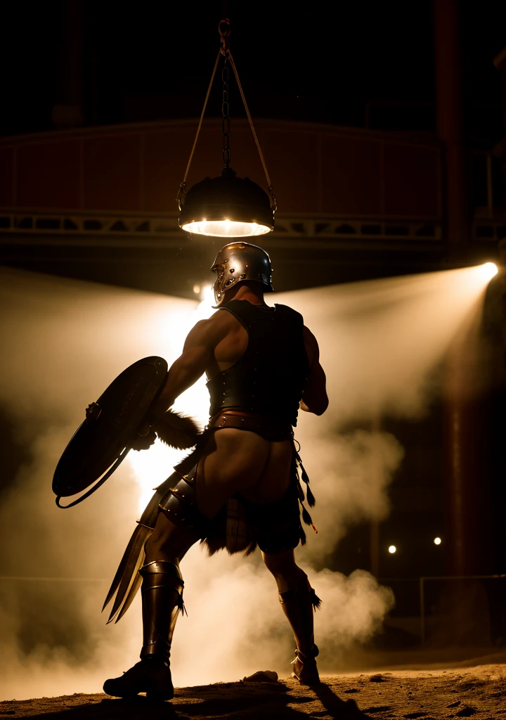 a muscular gladiator wearing a fish-shaped steel helmet dueling in an arena, extremely detailed, hyper-realistic, cinematic lighting, volumetric fog, , dramatic pose