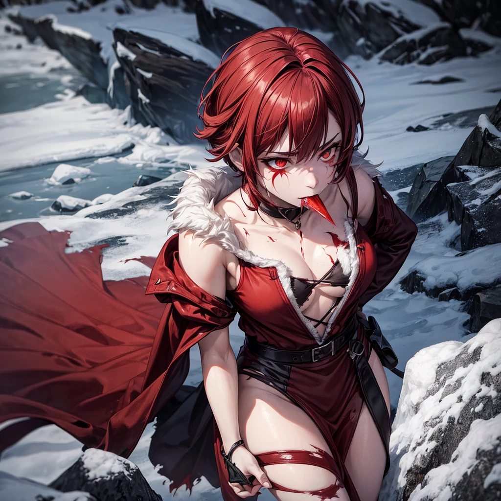 A female werewolf with cuts on her skin and red in her eyes walking through the winter in a lonely mountain with torn clothes and blood marks in her mouth, feeling pain inside
