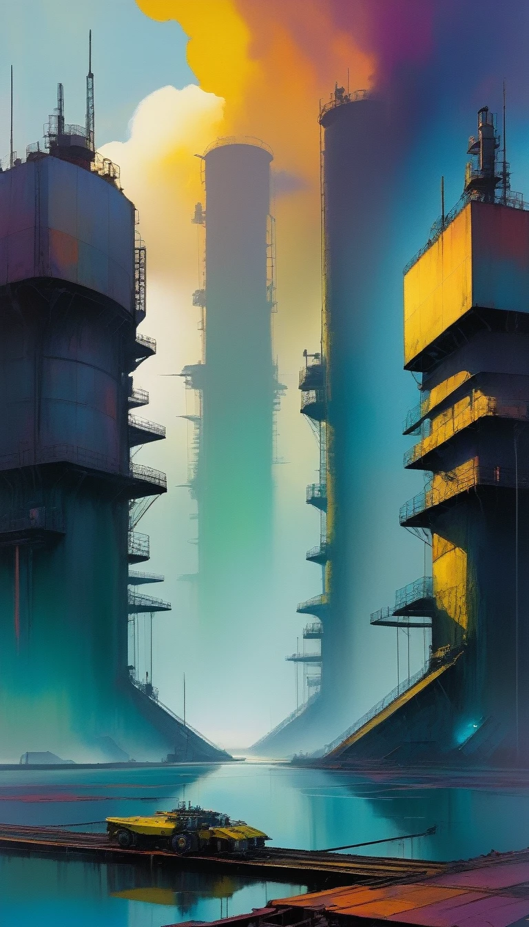 futuristic world, polluted world, robotic world, polluted water, polluted sky colors, industry, pollution, large landscape,,(art inspired by Bill Sienkiewicz ). oil painting)