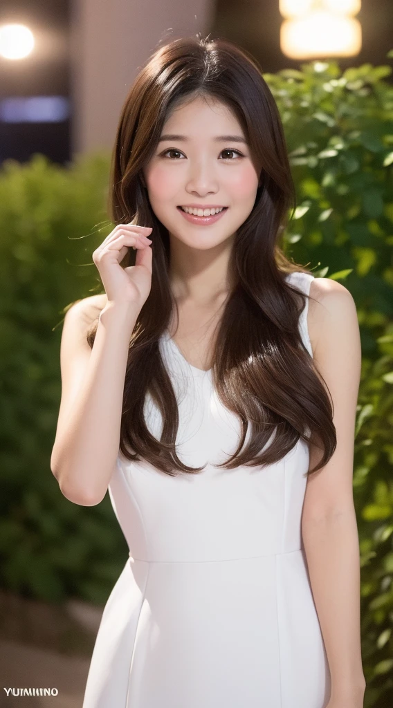 (((Yumikanok))),((Best quality, 8k, Masterpiece :1.3)), 1girl, smiling, full body, slim face, Pretty woman, (Dark brown hair), full white length dress :1.1, Ultra-detailed face, Detailed eyes, Double eyelid, bokeh background, slim face, night city, outside, tokyo street,