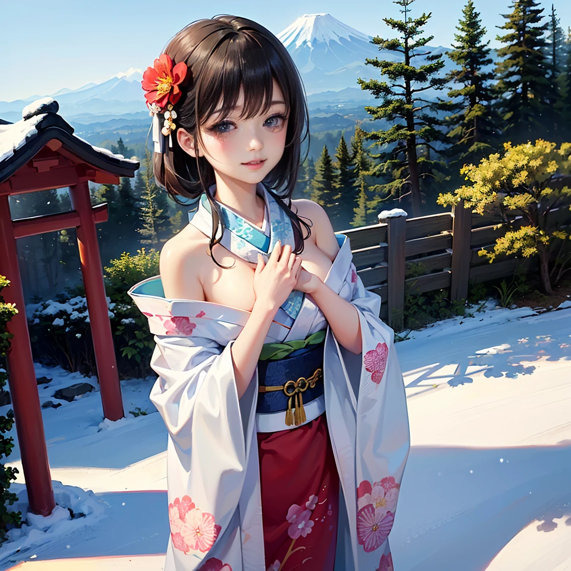 best quality, masterpiece,
Three Japanese high-school short girls with cute style,
looking straight ahead and striking a gutsy pose are standing (separately:1.4), side by side,
wearing a striking(yellow, red, blue, green) kimono with a flower motif,
(A kimono with floral patterns, particularly on the shoulders and chest:1.7)
(A kimono that completely conceals the chest and shoulders, revealing no skin at all:1.7)
(High-school-girls with a white short scarf, a white feather shawl around her neck:1.5),
(High-school-girls who are almost the same height:1.7),
(Japanese kimono:1.7),(innocent and pure high-school short girls:1.7),
((too much smile)), very cute, face, head and waist fully visible,
upper arms hidden by clothes and hair,
(only one well-shaped beautiful mount Fuji is completely covered with white snow from top to bottom:1.5),
(vermilion shrine entrance:1.2), very thick and large pine trees, winter(season),
Snow is accumulating on the roof and pine trees. ,(outdoors:1.5),