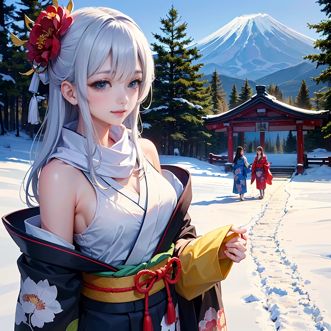 best quality, masterpiece, 

Three Japanese high-school short girls with cute style, 

looking straight ahead and striking a gutsy pose are standing (separately:1.4), side by side, 

wearing a striking(yellow, red, blue, green) kimono with a flower motif, 

(A kimono with floral patterns, particularly on the shoulders and chest:1.7)


(High-school-girls with a white short scarf, a white feather shawl around her neck:1.5),,

 (High-school-girls who are almost the same height:1.7),

(Japanese kimono:1.7),(innocent and pure high-school short girls:1.7),


((too much smile)), very cute, face, head and waist fully visible, 

upper arms hidden by clothes and hair, 

(only one well-shaped beautiful mount Fuji is completely covered with white snow from top to bottom:1.5), 

(vermilion shrine entrance:1.2), very thick and large pine trees, winter(season),

 Snow is accumulating on the roof and pine trees. ,(outdoors:1.5),
