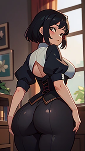 Woman, Bblack hair, big-, focus on the , corset, cocked 