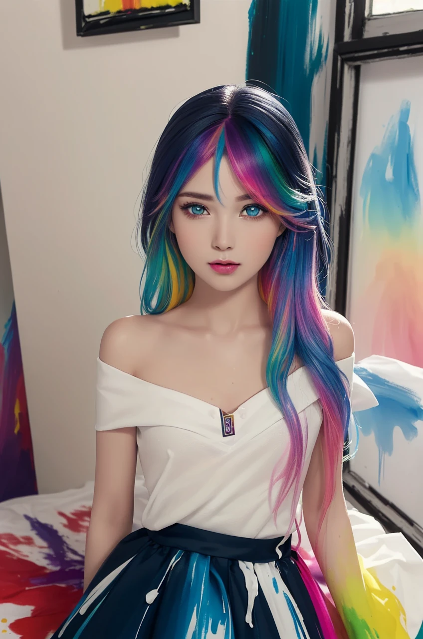 (Pink Fashion T-shirt:1.9),(Colorful hair: 1.8), (all the colours of the rainbow: 1.8),(((((vertical painting:1.6))), (painting:1.6),front, comics, illustrations, paintings, large eyes, crystal clear eyes,( rainbow color gradient high ponytail:1.7), exquisite makeup, closed mouth,(Small Fresh: 1.5),(Wipe Chest: 1.6) ,long eyelashes, white off shoulder T-shirt, White Shoulder Shirt,looking at the audience, large watery eyes, (rainbow colored hair:1.6), color splash, (solo:1.8), color splash, color explosion, thick paint style, messy lines, ((shining)),(colorful), (colorful), (colorful), colorful, Thick Paint Style, (Splash) (Color Splash), Vertical Painting, Upper Body, Paint Splash, Acrylic Pigment, Gradient, Paint, Highest Image Quality, Highest Quality, Masterpiece, Solo, Depth of Field, Face Paint, colorful clothes, (Elegant: 1.2), gorgeous,long hair, wind, (Elegant: 1.3), (Petals: 1.4),(((masterpiece))),(((best quality))),((ultra-detailed)),(illustration),(dynamic angle),((floating)),(paint),((disheveled hair)),(solo),(1girl) , (((detailed anima face))),((beautiful detailed face)),collar,bare shoulders,white hair, ((colorful hair)),((streaked hair)),beautiful detailed eyes,(Gradient color eyes),(((colorful eyes))),(((colorful background))),(((high saturation))),(((surrounded by colorful splashes))),