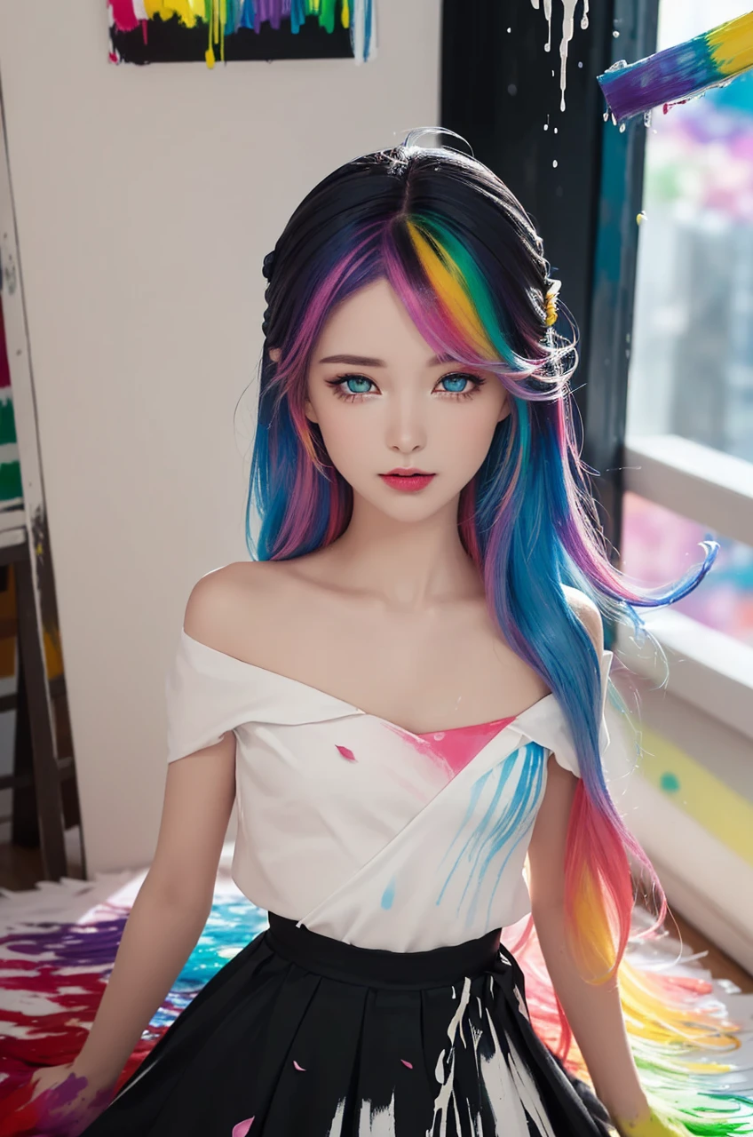 (Pink Fashion T-shirt:1.9),(Colorful hair: 1.8), (all the colours of the rainbow: 1.8),(((((vertical painting:1.6))), (painting:1.6),front, comics, illustrations, paintings, large eyes, crystal clear eyes,( rainbow color gradient high ponytail:1.7), exquisite makeup, closed mouth,(Small Fresh: 1.5),(Wipe Chest: 1.6) ,long eyelashes, white off shoulder T-shirt, White Shoulder Shirt,looking at the audience, large watery eyes, (rainbow colored hair:1.6), color splash, (solo:1.8), color splash, color explosion, thick paint style, messy lines, ((shining)),(colorful), (colorful), (colorful), colorful, Thick Paint Style, (Splash) (Color Splash), Vertical Painting, Upper Body, Paint Splash, Acrylic Pigment, Gradient, Paint, Highest Image Quality, Highest Quality, Masterpiece, Solo, Depth of Field, Face Paint, colorful clothes, (Elegant: 1.2), gorgeous,long hair, wind, (Elegant: 1.3), (Petals: 1.4),(((masterpiece))),(((best quality))),((ultra-detailed)),(illustration),(dynamic angle),((floating)),(paint),((disheveled hair)),(solo),(1girl) , (((detailed anima face))),((beautiful detailed face)),collar,bare shoulders,white hair, ((colorful hair)),((streaked hair)),beautiful detailed eyes,(Gradient color eyes),(((colorful eyes))),(((colorful background))),(((high saturation))),(((surrounded by colorful splashes))),